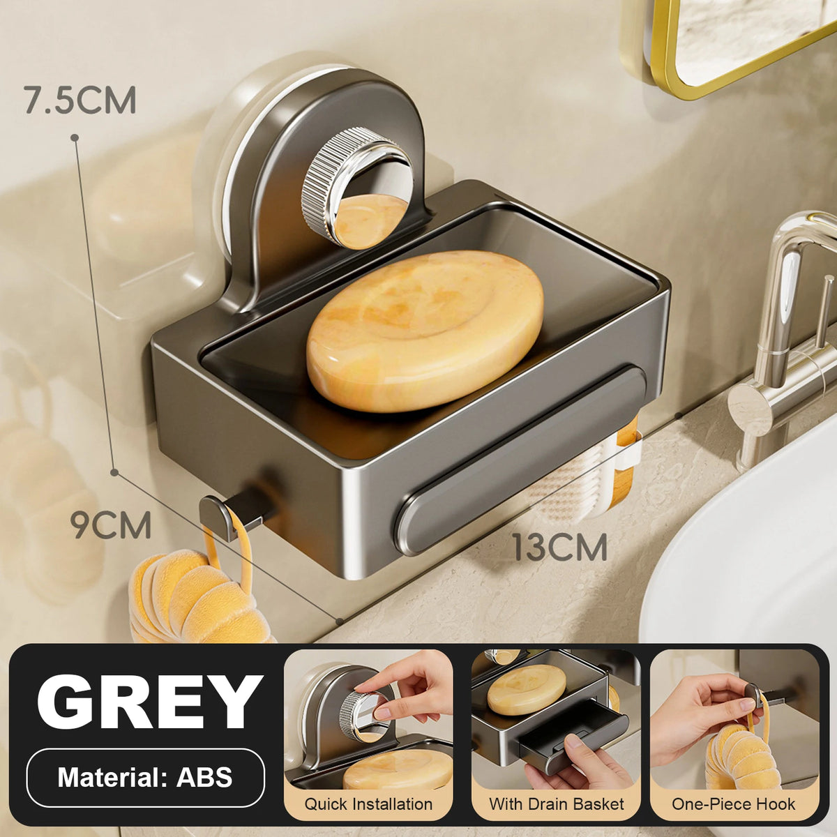Grey ABS wall-mounted soap dish with a drain tray and one-piece hook for bathroom use