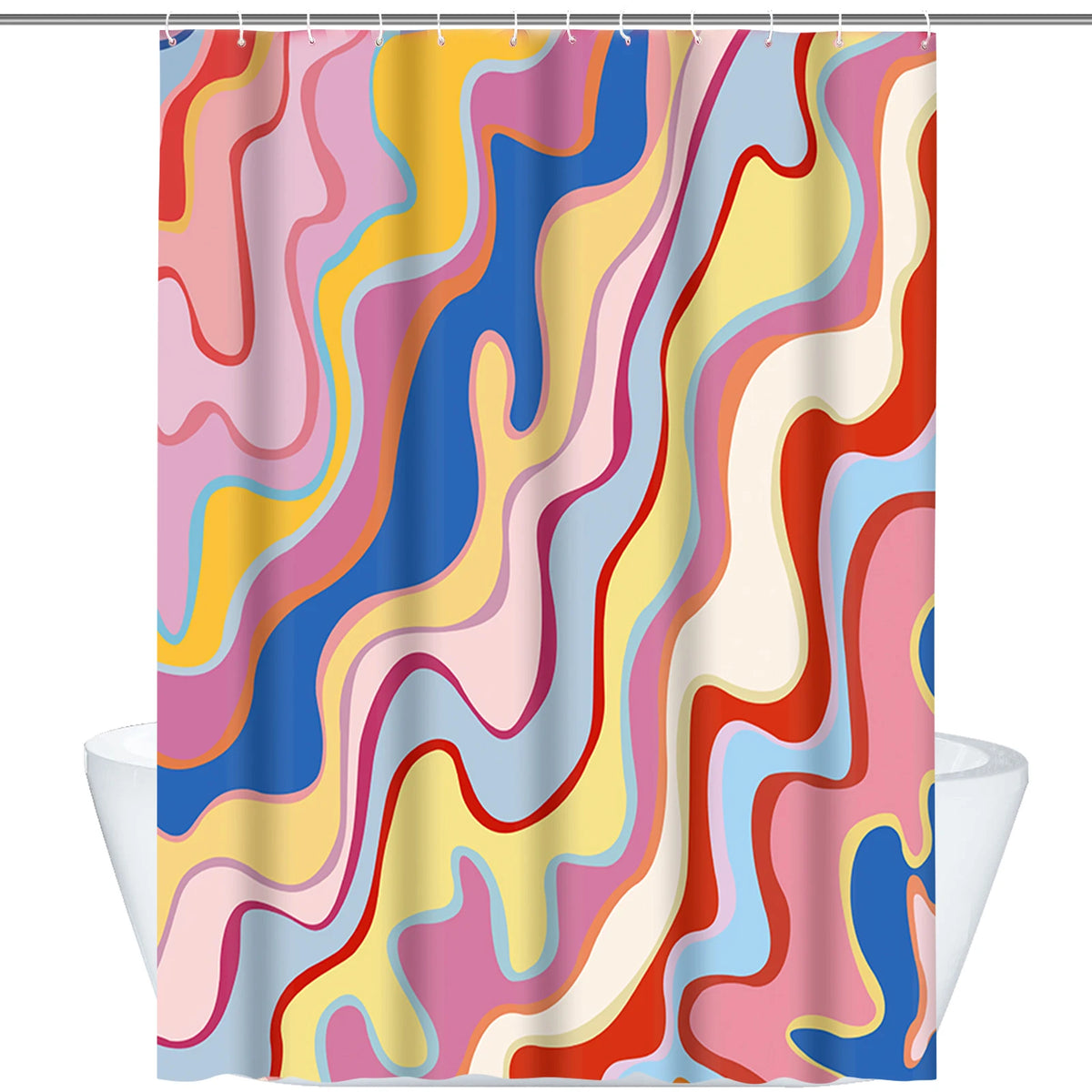 A colorful, wavy pattern shower curtain featuring pink, blue, yellow, and orange hues.
