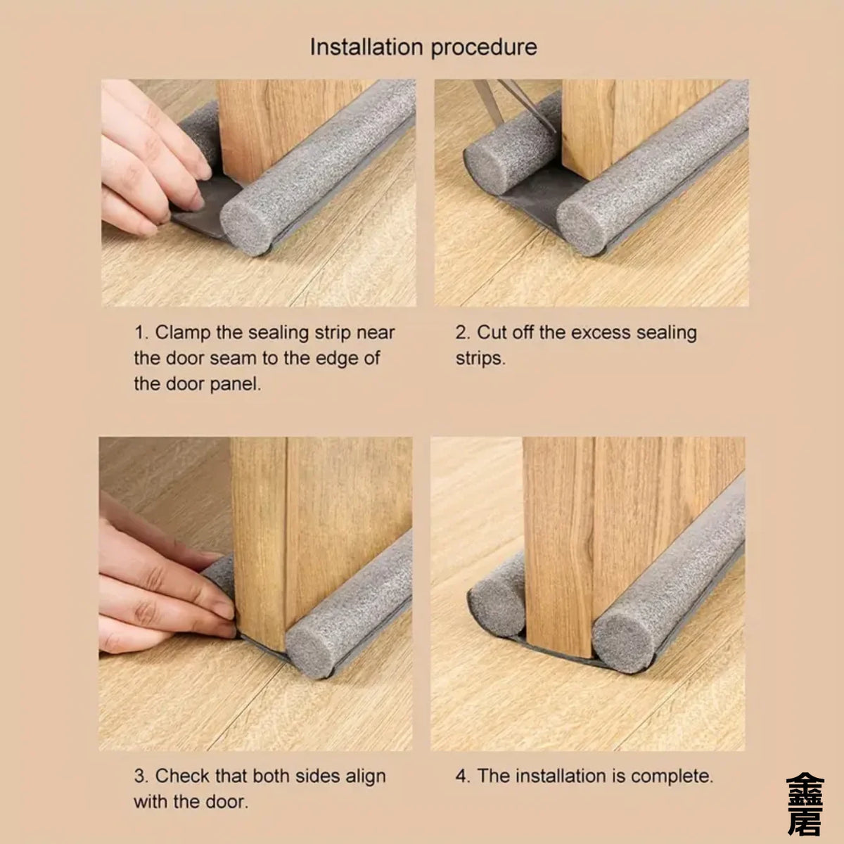 Installation procedure showing how to clamp, cut, and install a sealing strip on a door panel.