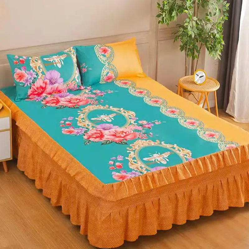 Elegant Elastic Fitted Bed Sheet Set with Lace Skirt and Pillowcases