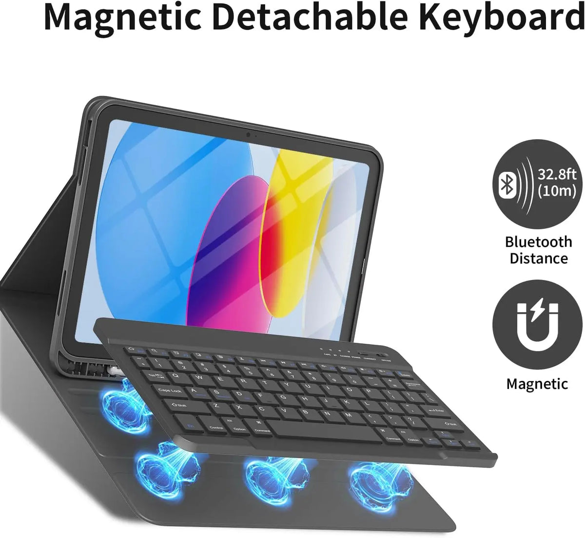 A magnetic detachable keyboard case for an iPad, showing the tablet and the separate keyboard with glowing magnetic connectio