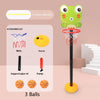 A green cartoon frog basketball hoop with a red net and yellow base, shown next to accessories like nets, chassis, support pi