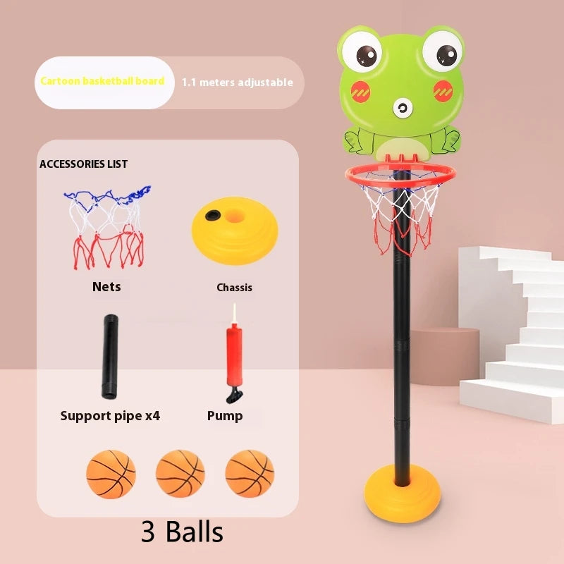 A green cartoon frog basketball hoop with a red net and yellow base, shown next to accessories like nets, chassis, support pi