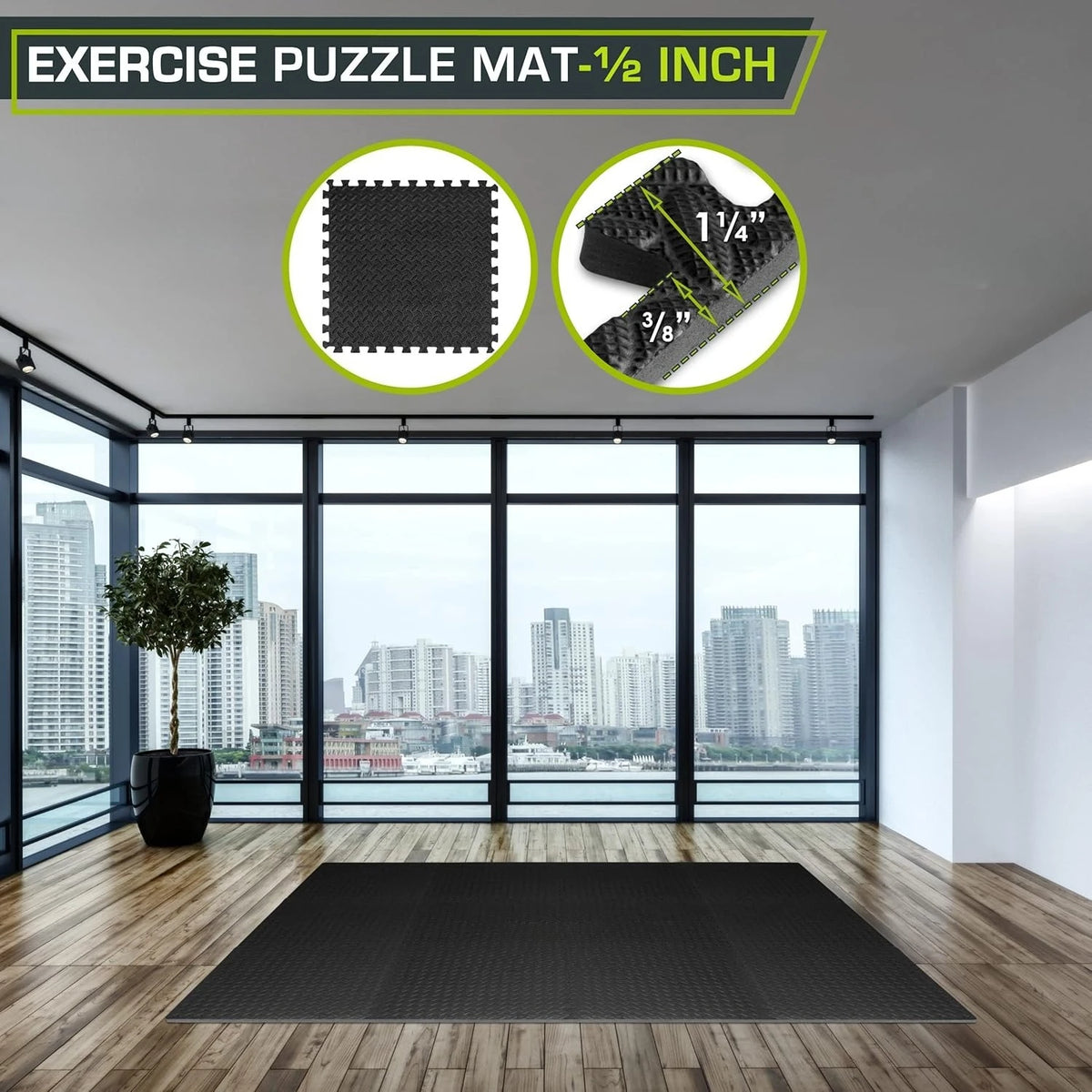 A black exercise puzzle mat is shown with measurements, placed on a wooden floor in a modern room.