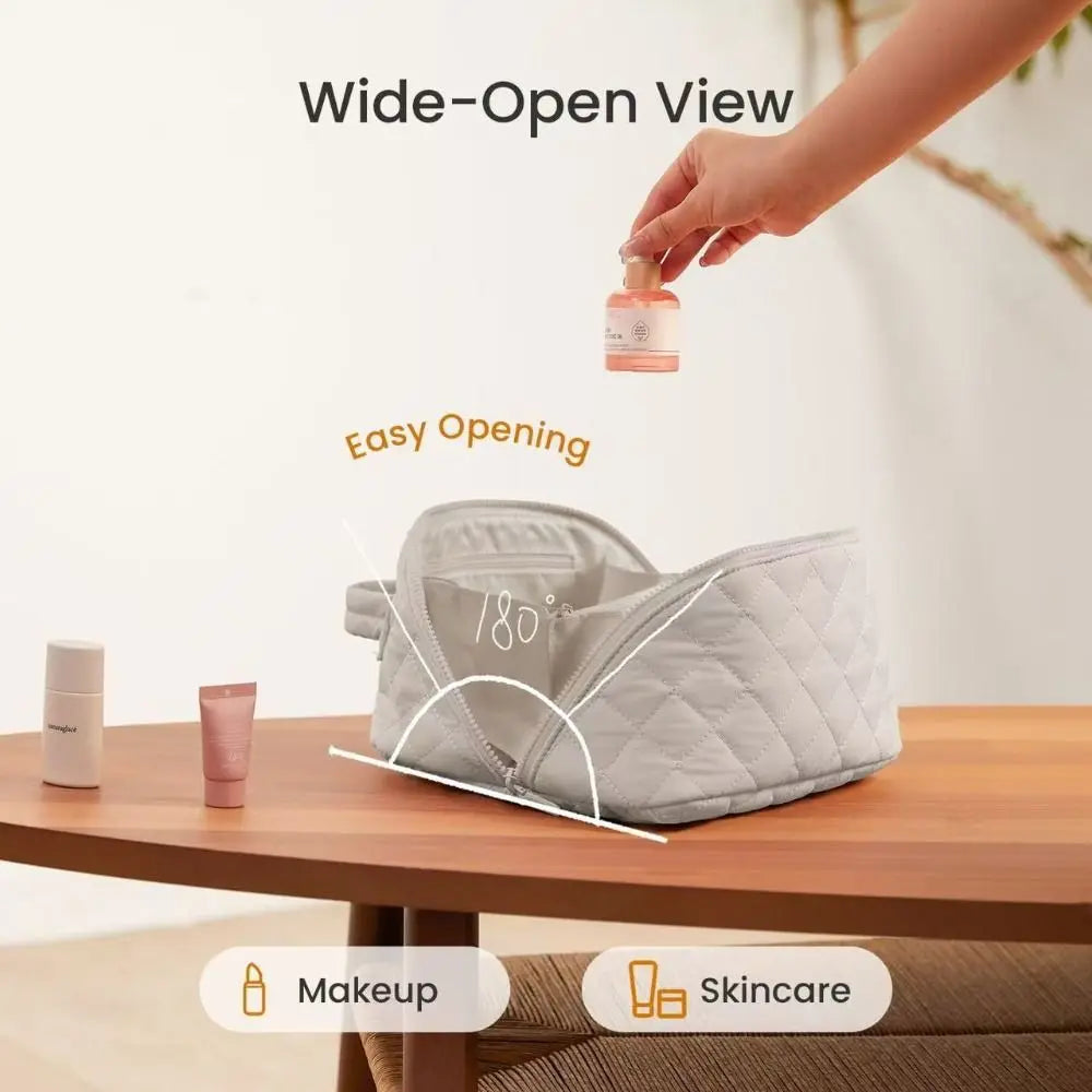 Wide-Open Lay-Flat Makeup Bag with Water-Resistant Lining