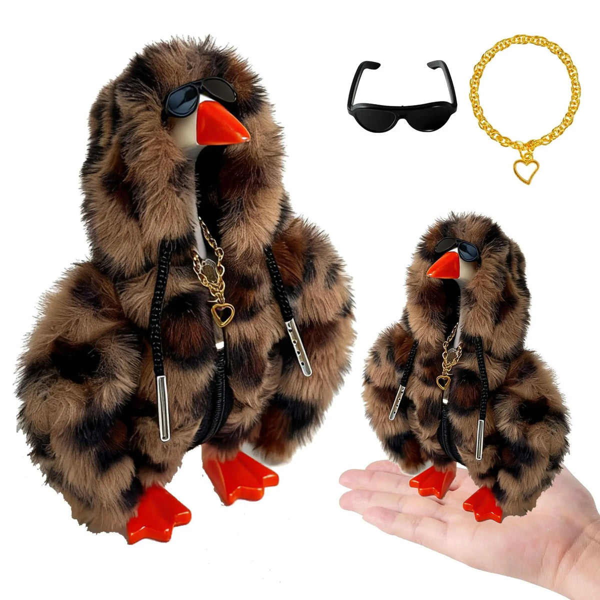 A desk goose hoodie and accessories set featuring a brown and black patterned faux fur garment, sunglasses, and a gold chain 