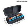 Black storage bag containing multiple small orange and blue vials for insulin and peptide storage