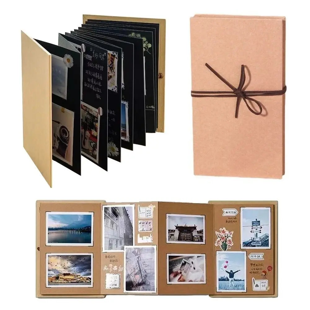 Ein Set aus schwarzen Klapp-Fotobüchern und eine pinke Geschenkbox mit brauner Schleife.