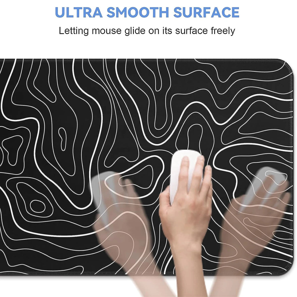 A hand is gliding a mouse across a black topographic map design on a smooth mouse pad.