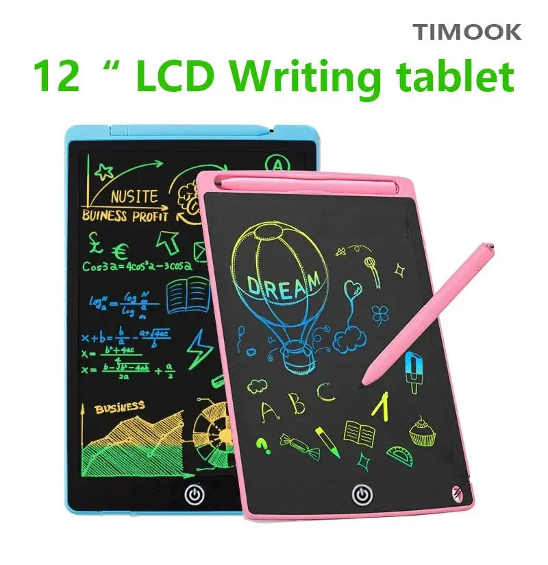 A pink 12 inch LCD writing tablet is shown next to a black tablet displaying various drawings and equations.