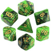A set of seven green polyhedral dice showing various numbers and designs.