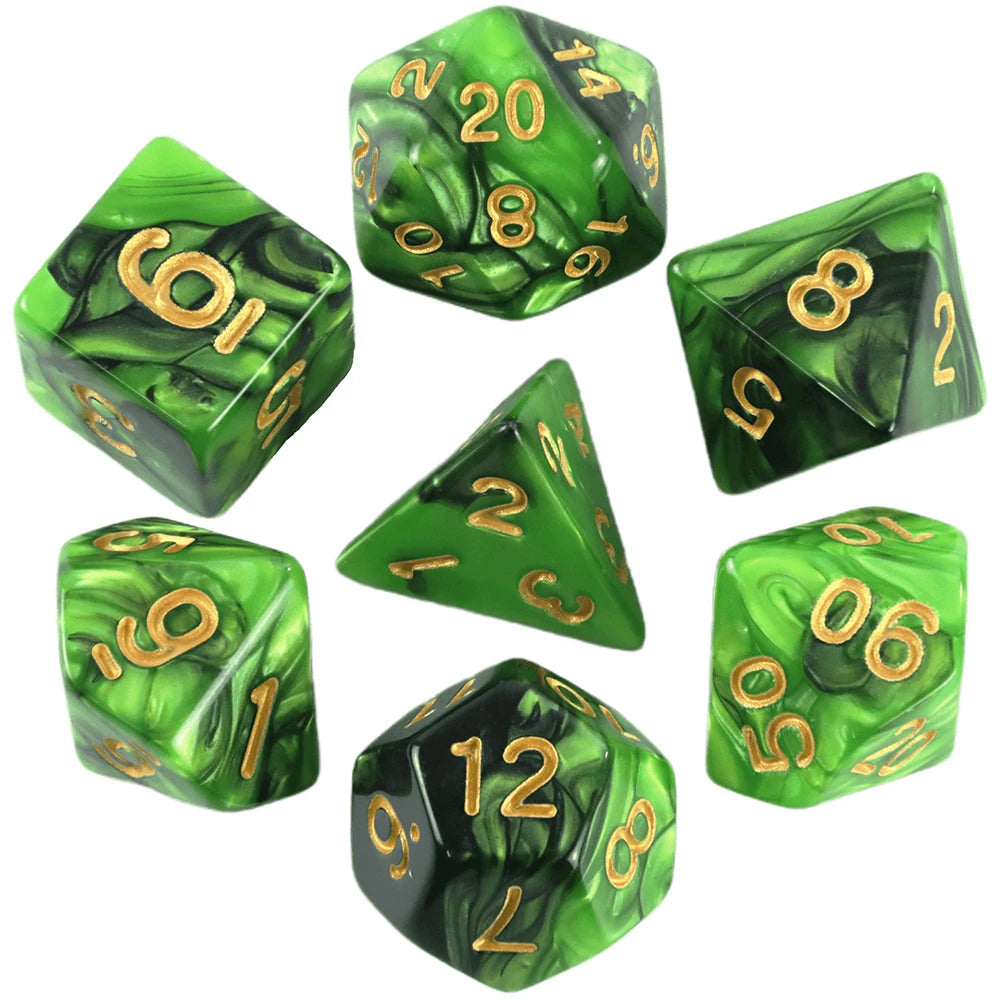 A set of seven green polyhedral dice showing various numbers and designs.