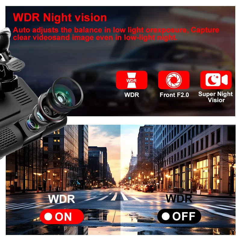 WDR Night vision dash cam showing night footage and a street scene with WDR ON and OFF indicators