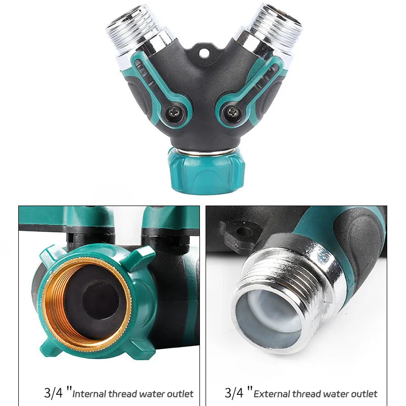 A close-up view of a durable garden hose Y-splitter with independent valve control featuring a black and teal finish.