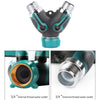 A close-up view of a durable garden hose Y-splitter with independent valve control featuring a black and teal finish.