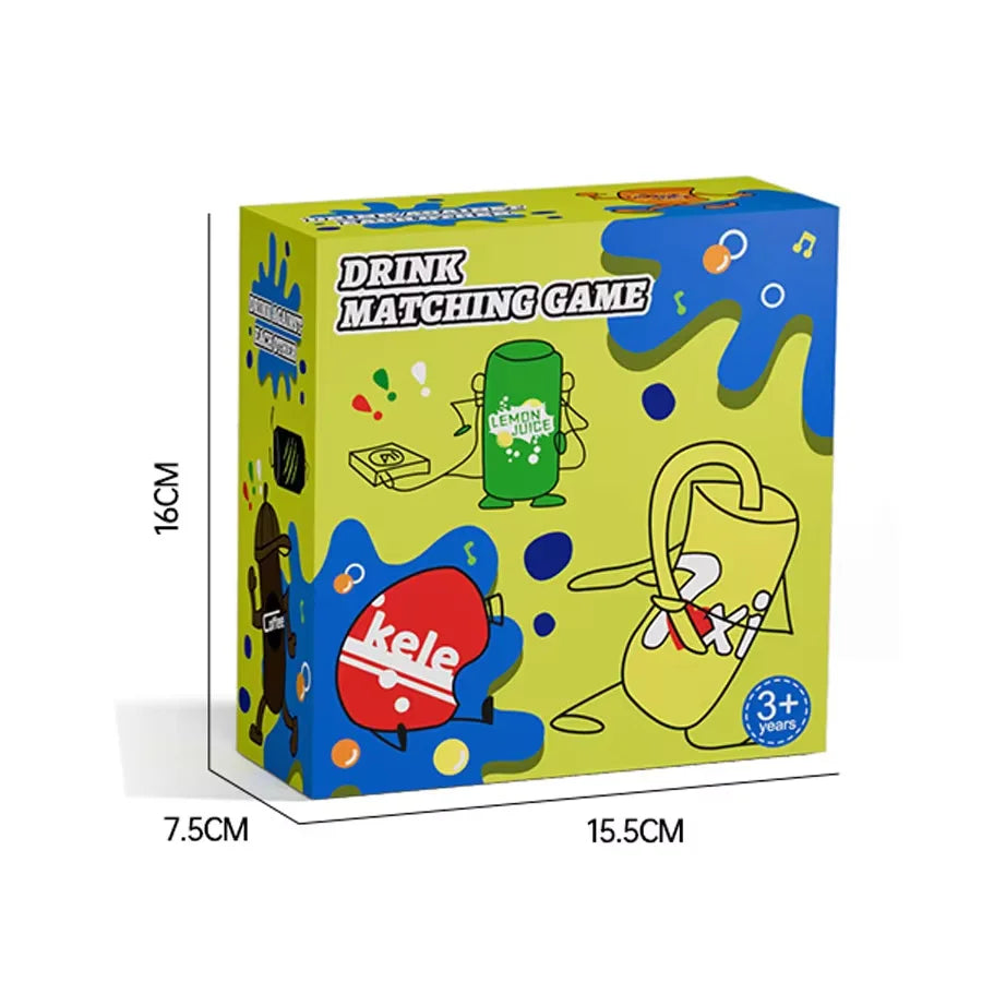A box of a drink matching game featuring colorful illustrations and text for teens and adults.