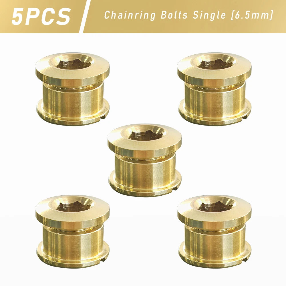 Five single titanium alloy chainring bolts, 6.5mm size, for bicycle components.