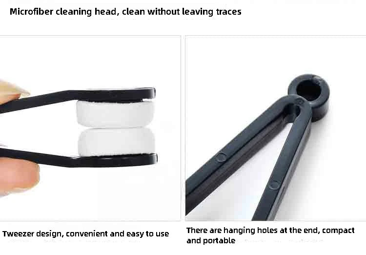 A black microfiber cleaning head with a tweezers design used for cleaning glasses.