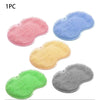 Five silicone shower scrubbers and massage pads in pink, blue, yellow, green, and gray.