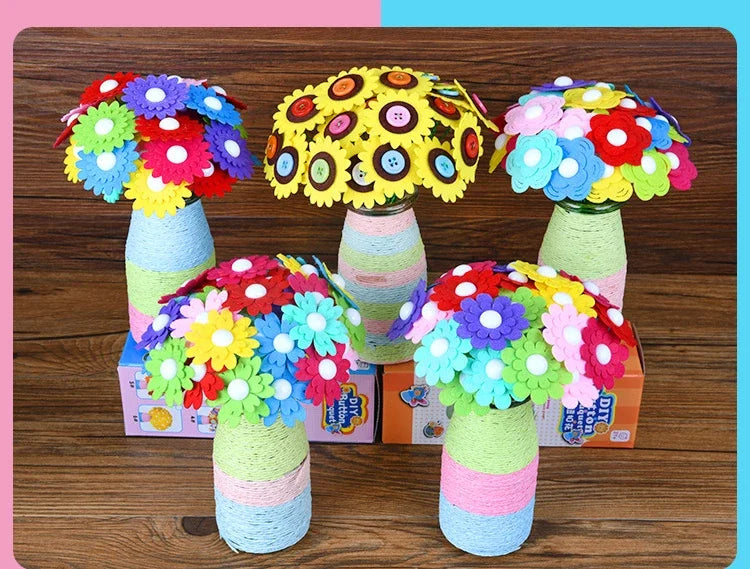 A colorful craft kit featuring felt flowers and buttons arranged in bouquets in glass vases.