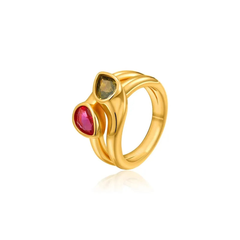 Chunky Gold-Plated Crystal Ring with Geometric Stripes