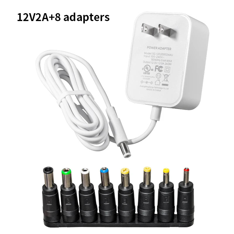 Universal 12V/24V AC-DC Power Adapter with 8 Interchangeable Tips