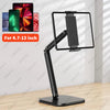 A black adjustable metal tablet stand with a flexible arm is shown next to various sized tablets.
