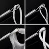 Close-up black and white images showing a bendable drawstring threader tool with a flexible spring.