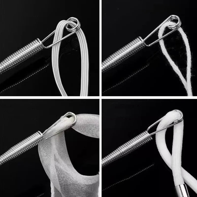 Close-up black and white images showing a bendable drawstring threader tool with a flexible spring.