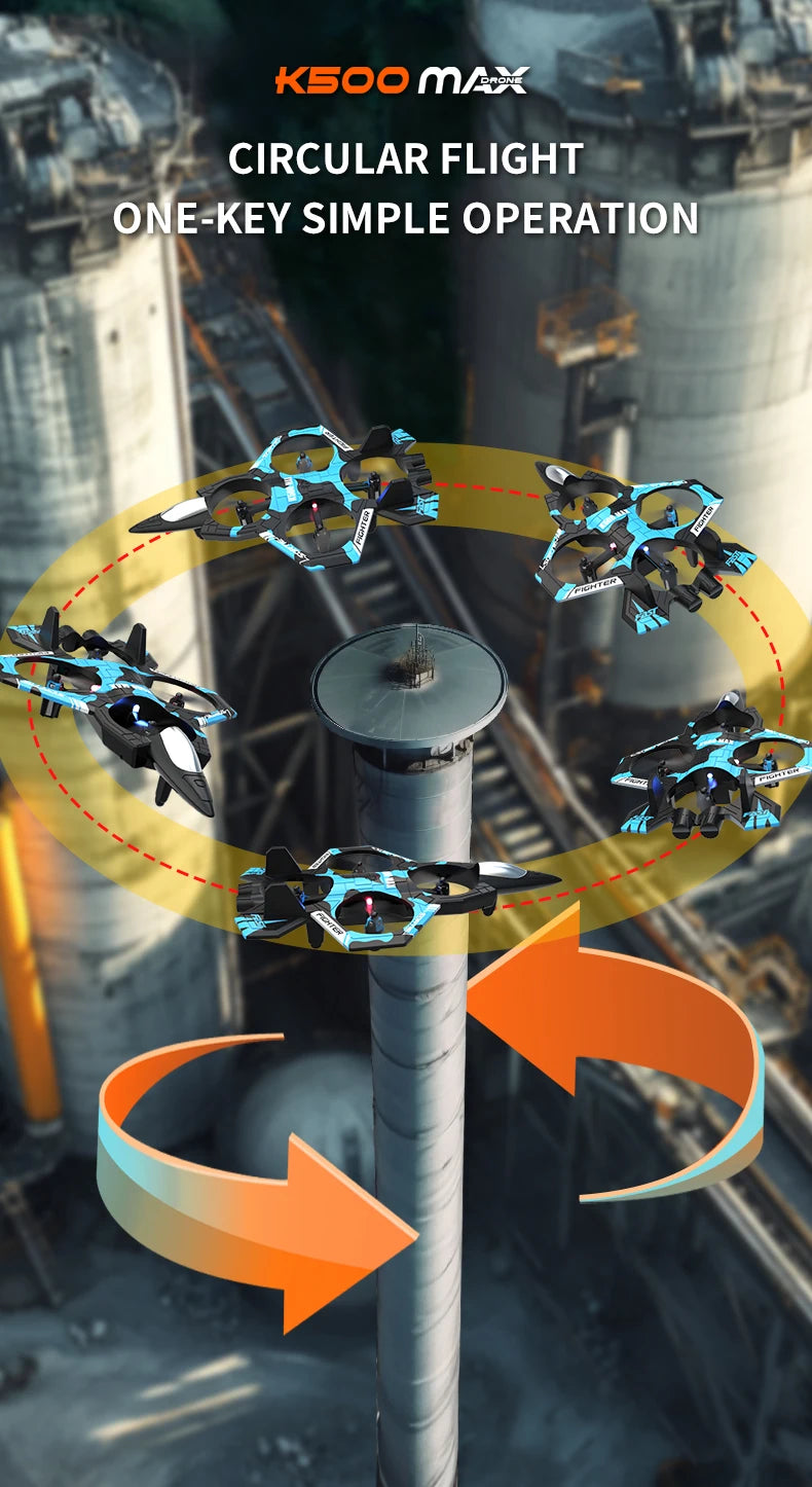 A remote control fighter plane is shown performing a circular flight operation in an industrial setting.