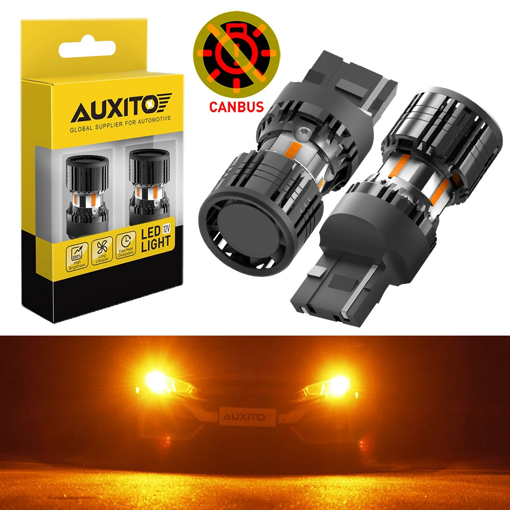 A box and two amber LED turn signal bulbs for automotive use, shown alongside a vehicle headlight example.