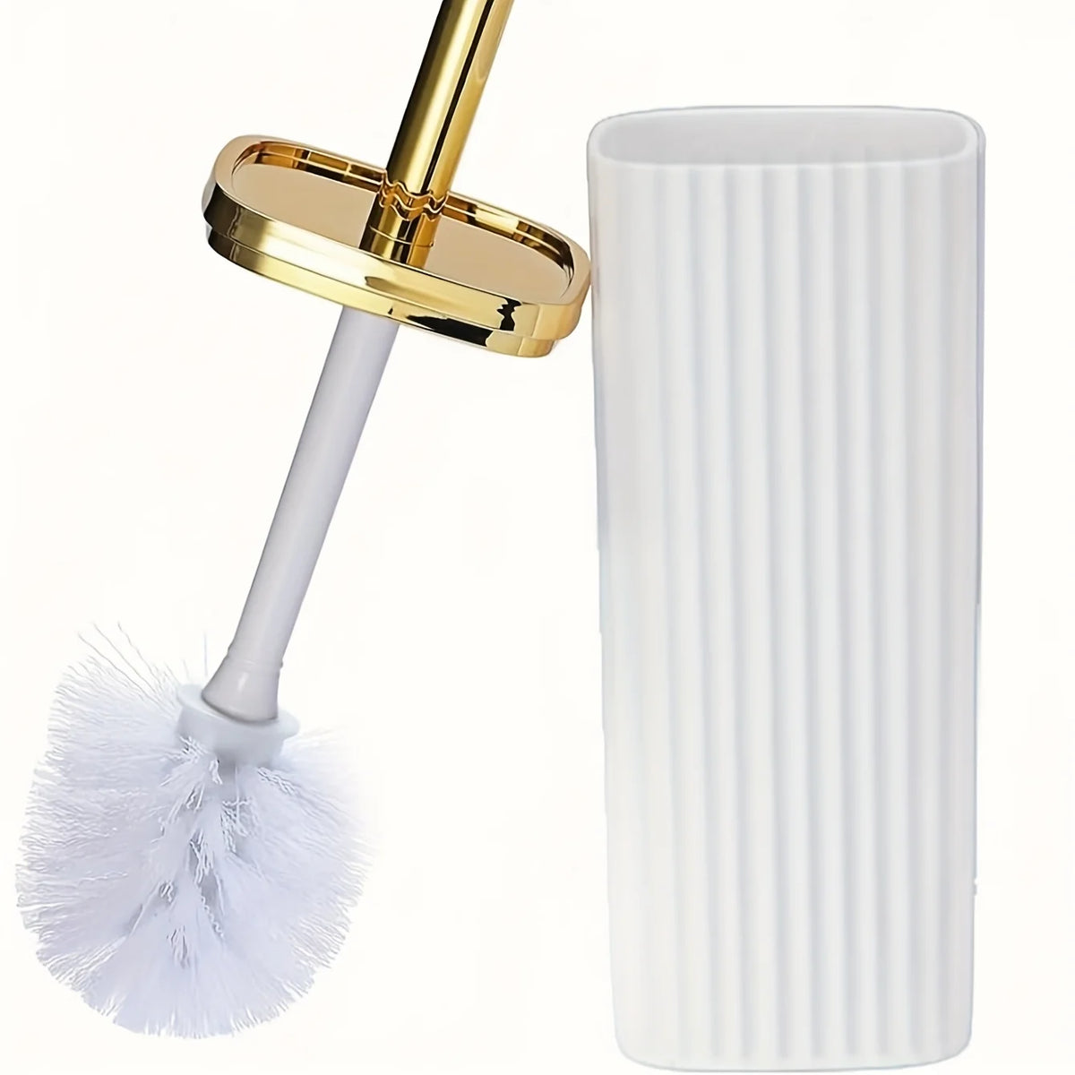A white toilet brush set featuring a gold-colored rotating handle and an adjustable stand.