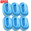 Six blue sponge cleaning brushes with handles arranged in a row