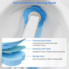 A disposable toilet brush set with a long handle and wall-mount holder showing the layered cleaning liquid components.