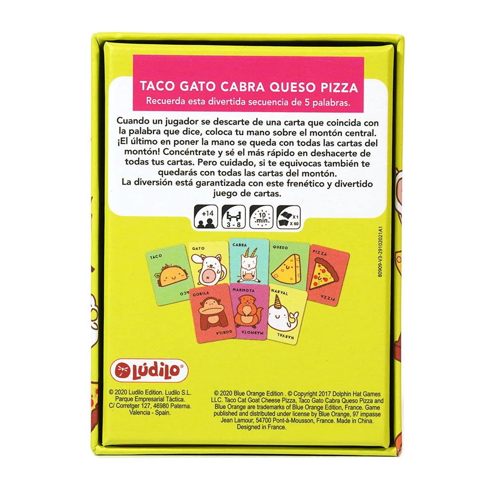 A box of the Taco Gato Cabra Queso Pizza card game featuring colorful cards and instructions.