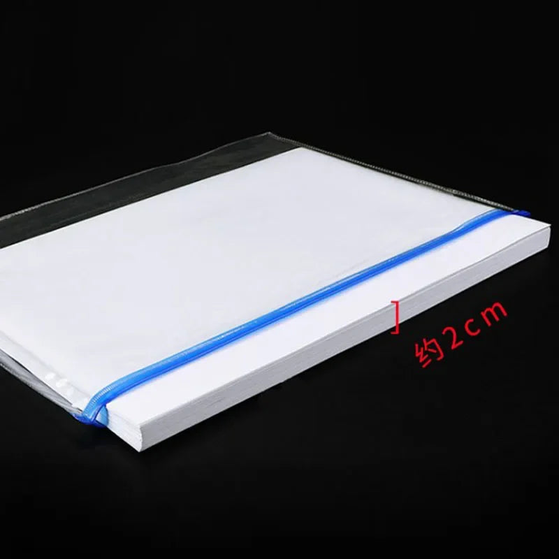 A transparent plastic organizer for A4 documents featuring pockets and dividers with a blue binding.