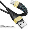 A black nylon braided fast charging cable with a gold connector for Apple devices.