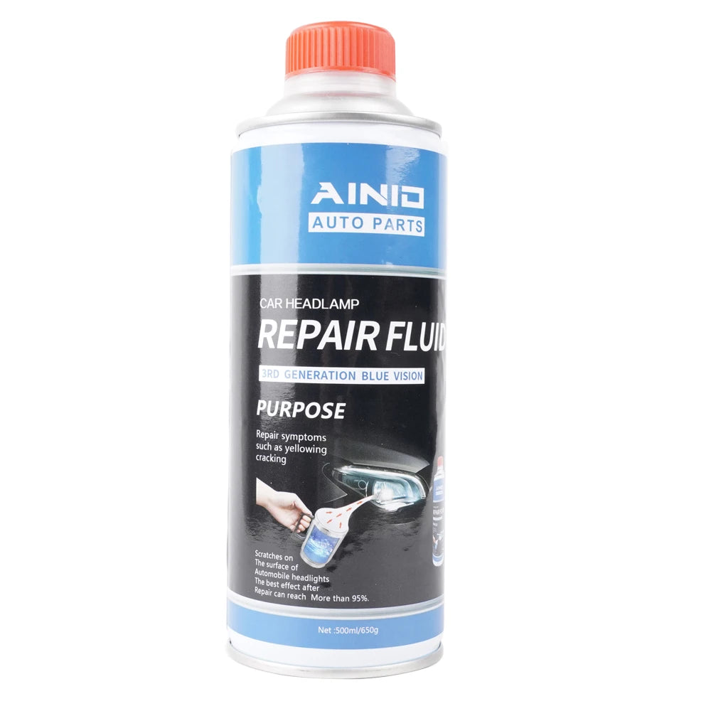 A bottle of AINID Auto Parts Repair Fluid for car headlight repair and restoration.