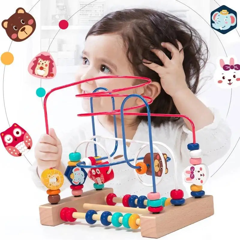 A child is playing with a wooden bead maze toy featuring colorful beads and strings on a wooden base.