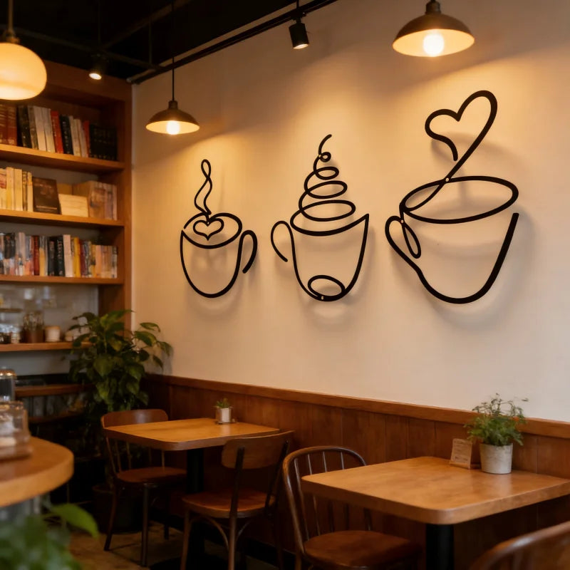 A set of three black iron art coffee cup wall decor pieces mounted on a white wall.