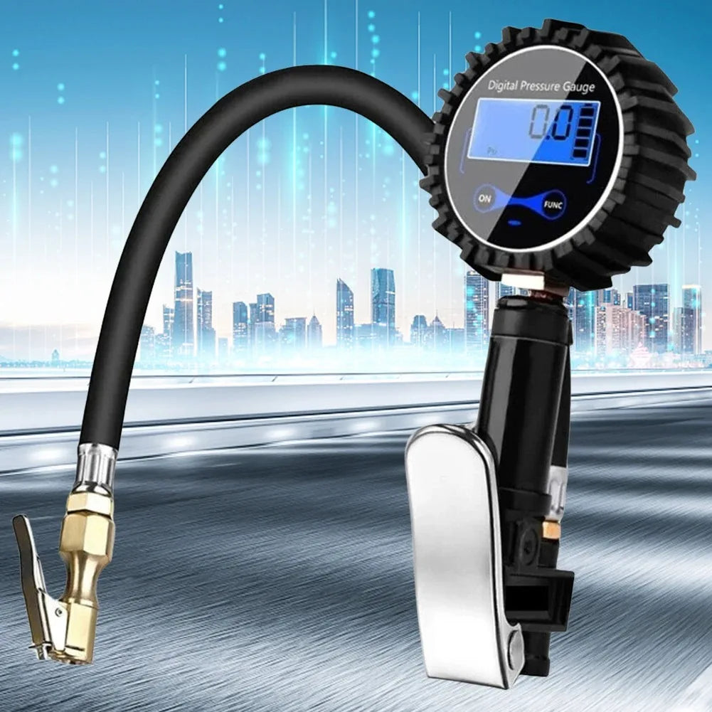 A portable digital tire inflator with an LCD gauge is shown connected to a hose, set against a city skyline background.