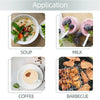 Application images showing soup, milk, coffee, and barbecue food preparation.