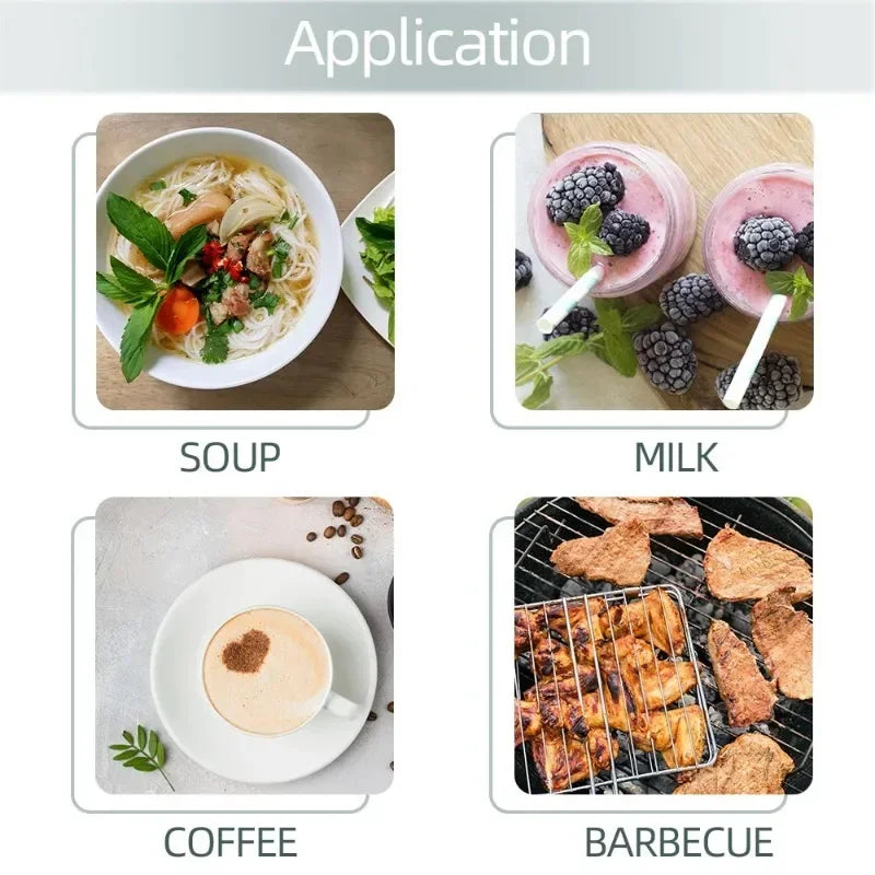 Application images showing soup, milk, coffee, and barbecue food preparation.
