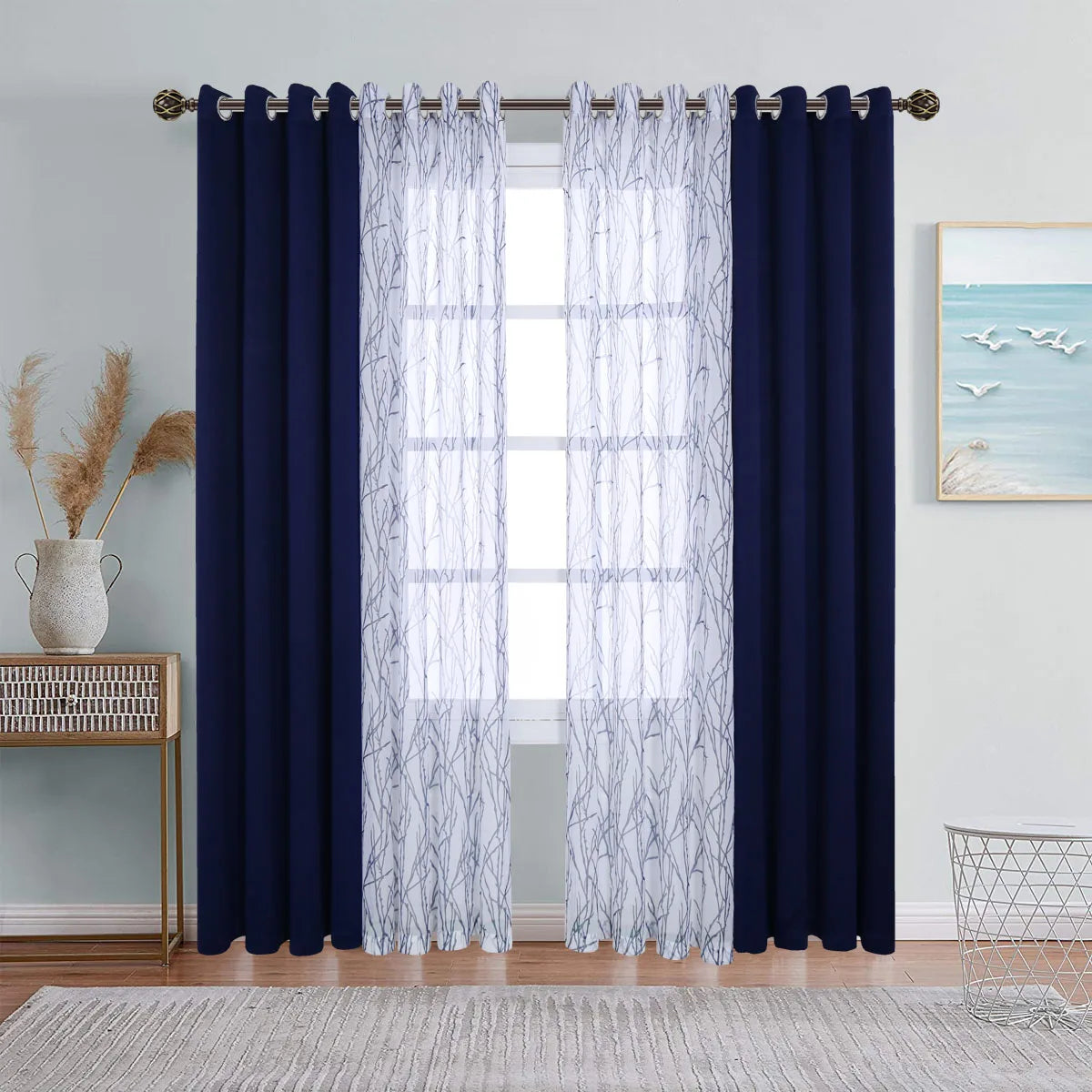 A set of dual layer window curtains featuring sheer and blackout panels in navy blue and white.