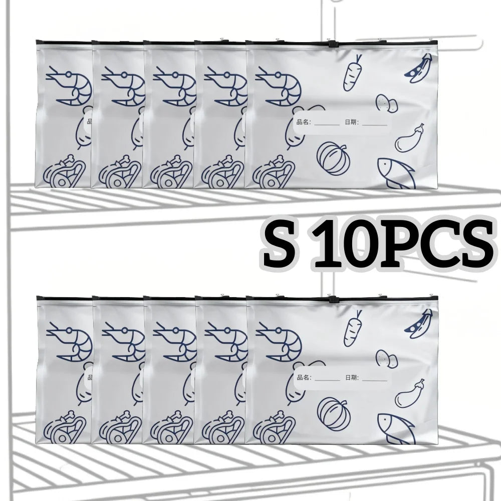 Ten reusable aluminum foil storage bags containing various vegetables and fruits