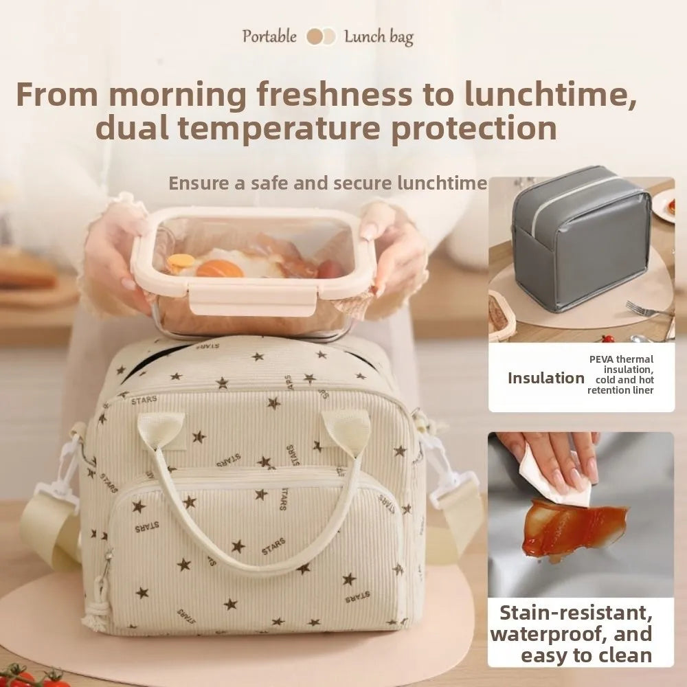 Strawberry Corduroy Insulated Lunch Bag with Large Capacity
