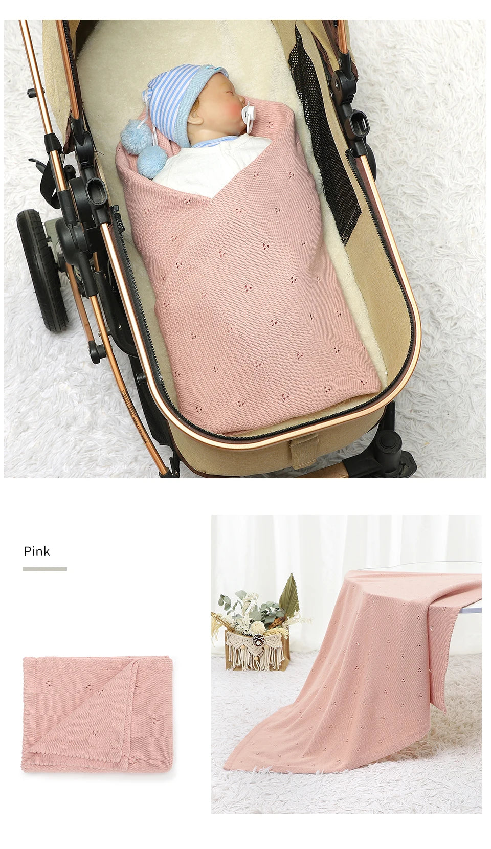 A pink breathable knit swaddle blanket is shown being used to wrap a newborn baby in a pram.