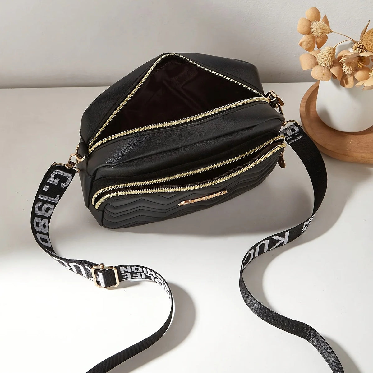 Quilted Crossbody Camera Bag with Wide Letter Strap