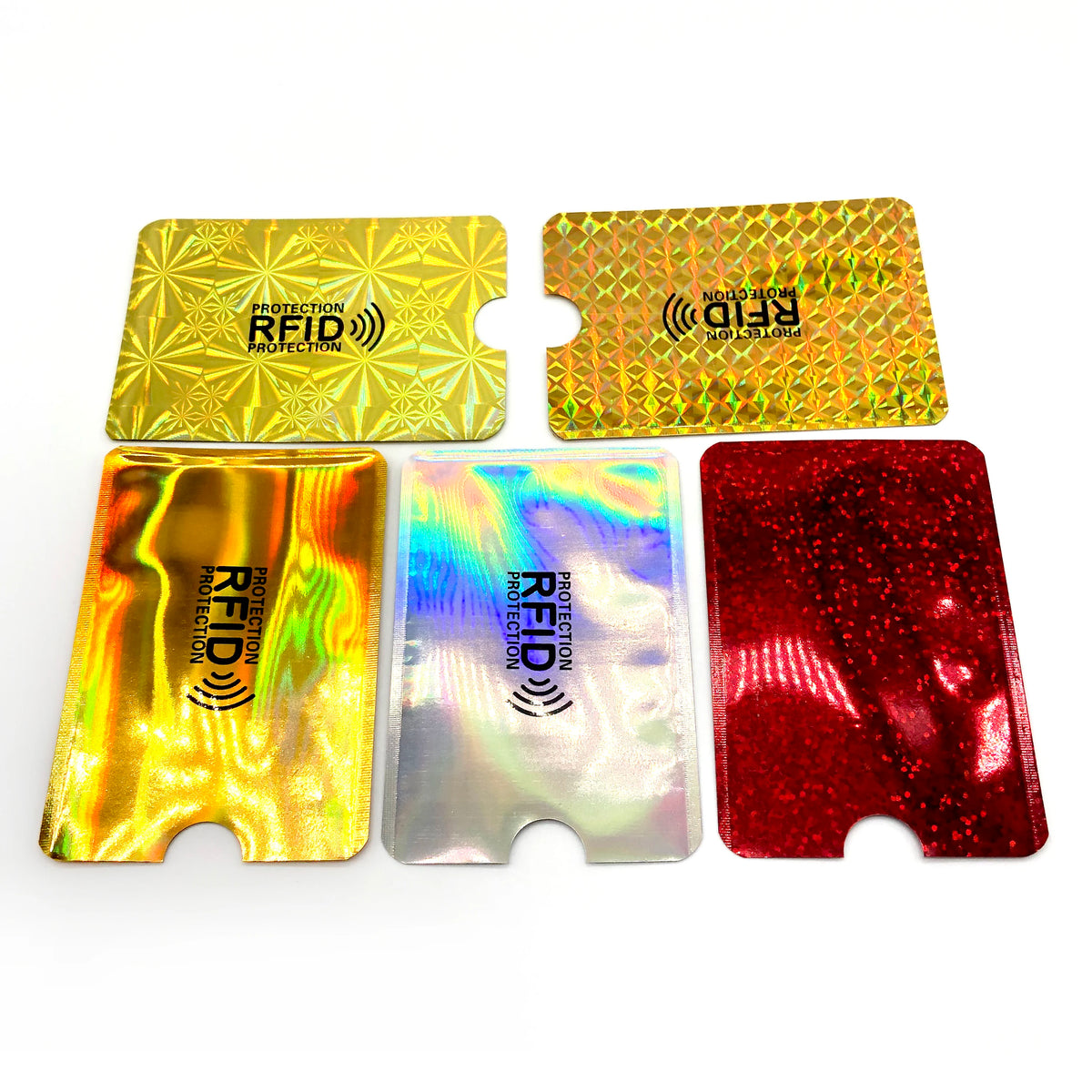 A set of five RFID-blocking aluminum card holders in gold, yellow, silver, and red colors.