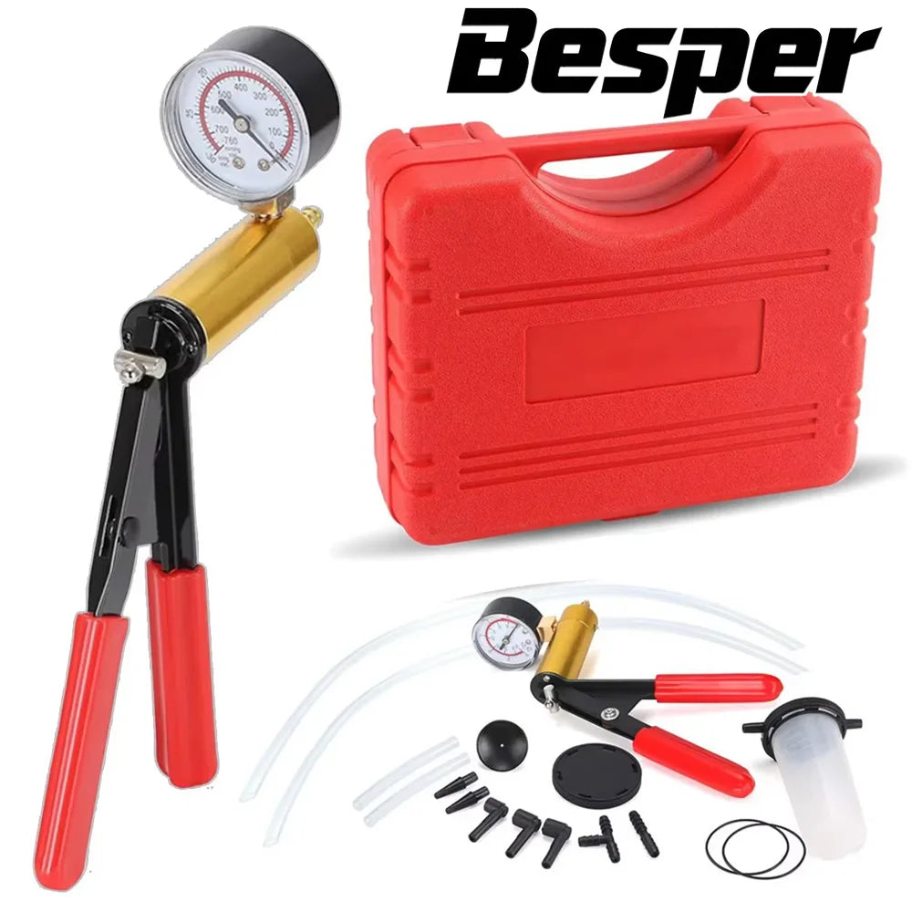 A red brake bleeder and vacuum pump kit with a gauge, hoses, and tools.
